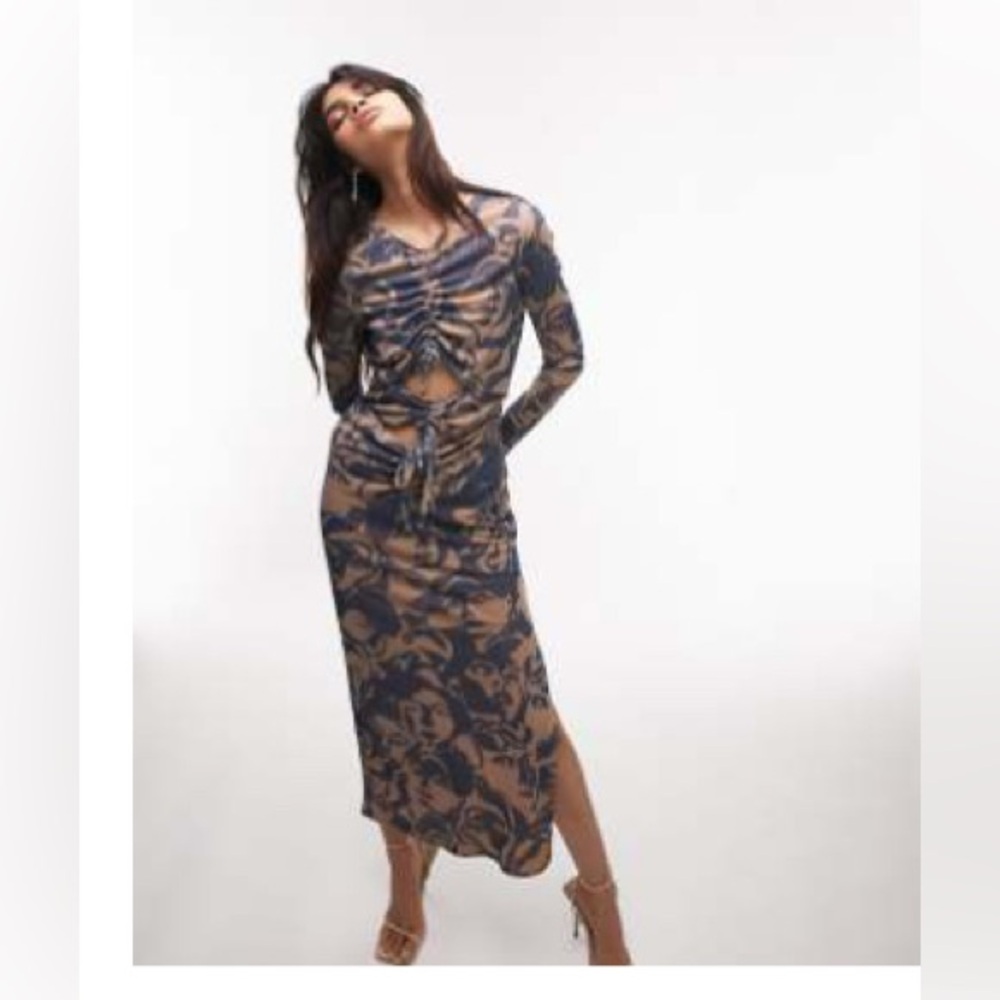 Topshop faces print mesh cut out midi dress